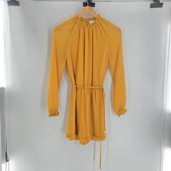 WAYF Long Sleeve Mustard Romper ruffle hem open back‎ size XS - Picture 2 of 11